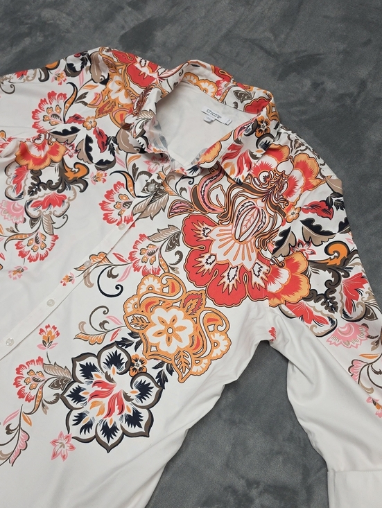 Chico's Tops - Chico's White Button-Up Blouse w Orange, Coral & Black Floral Print Sz 3.5(18)